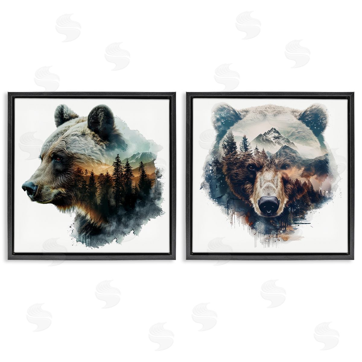 LSR Design Studio Woodland Bear Forest Silhouettes Black Floating Frame Canvas Wall Art Print