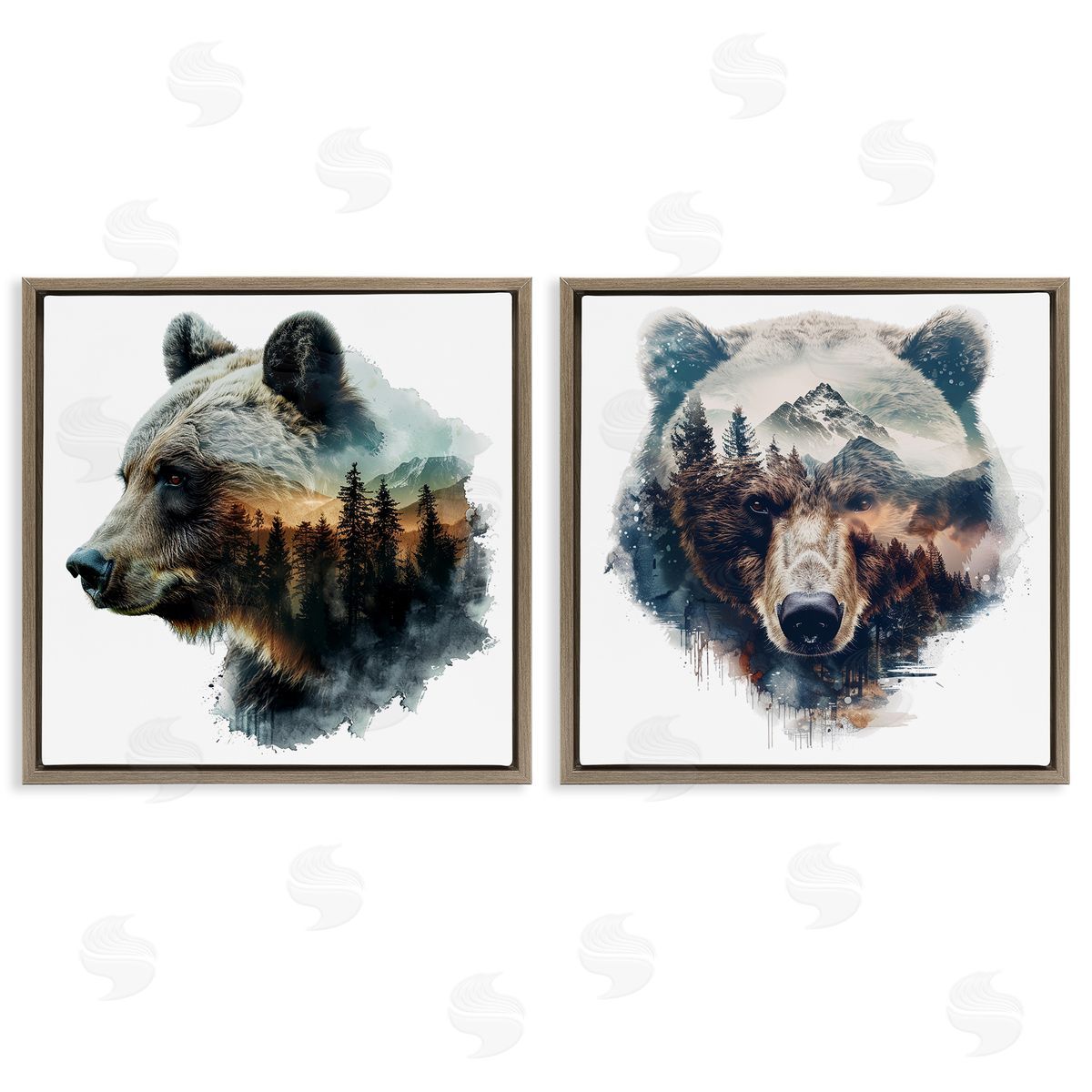 LSR Design Studio Woodland Bear Forest Silhouettes Brown Floating Frame Canvas Wall Art Print