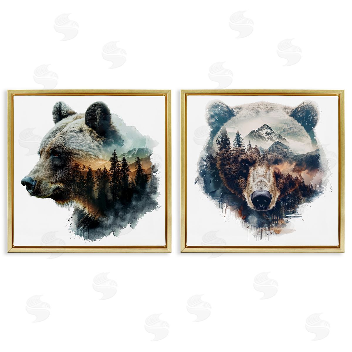 LSR Design Studio Woodland Bear Forest Silhouettes Gold Floating Frame Canvas Wall Art Print