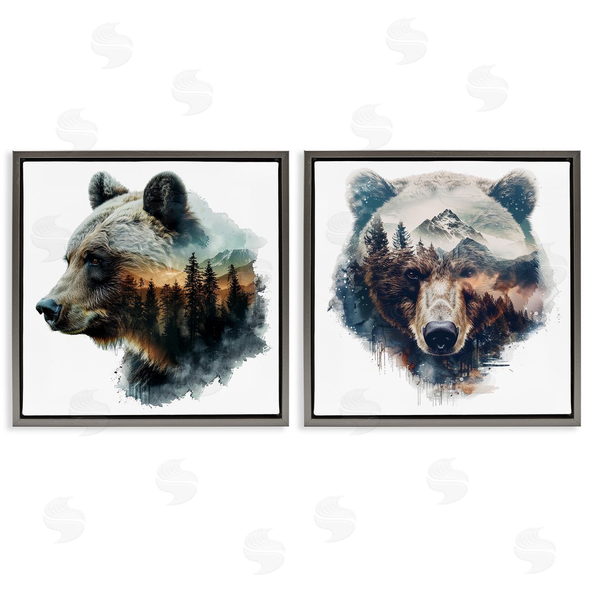 LSR Design Studio Woodland Bear Forest Silhouettes Gray Floating Frame Canvas Wall Art Print