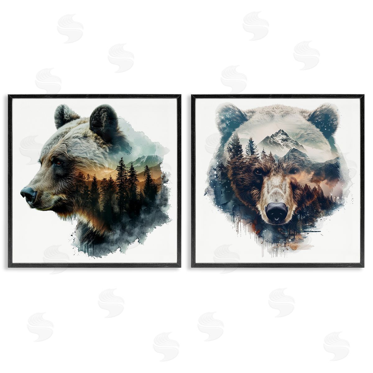 LSR Design Studio Woodland Bear Forest Silhouettes Black Framed Giclee Wall Art Print