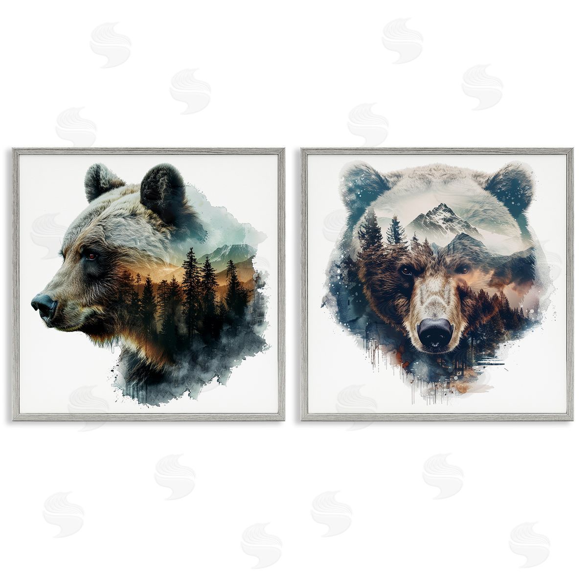LSR Design Studio Woodland Bear Forest Silhouettes Gray Framed Giclee Wall Art Print