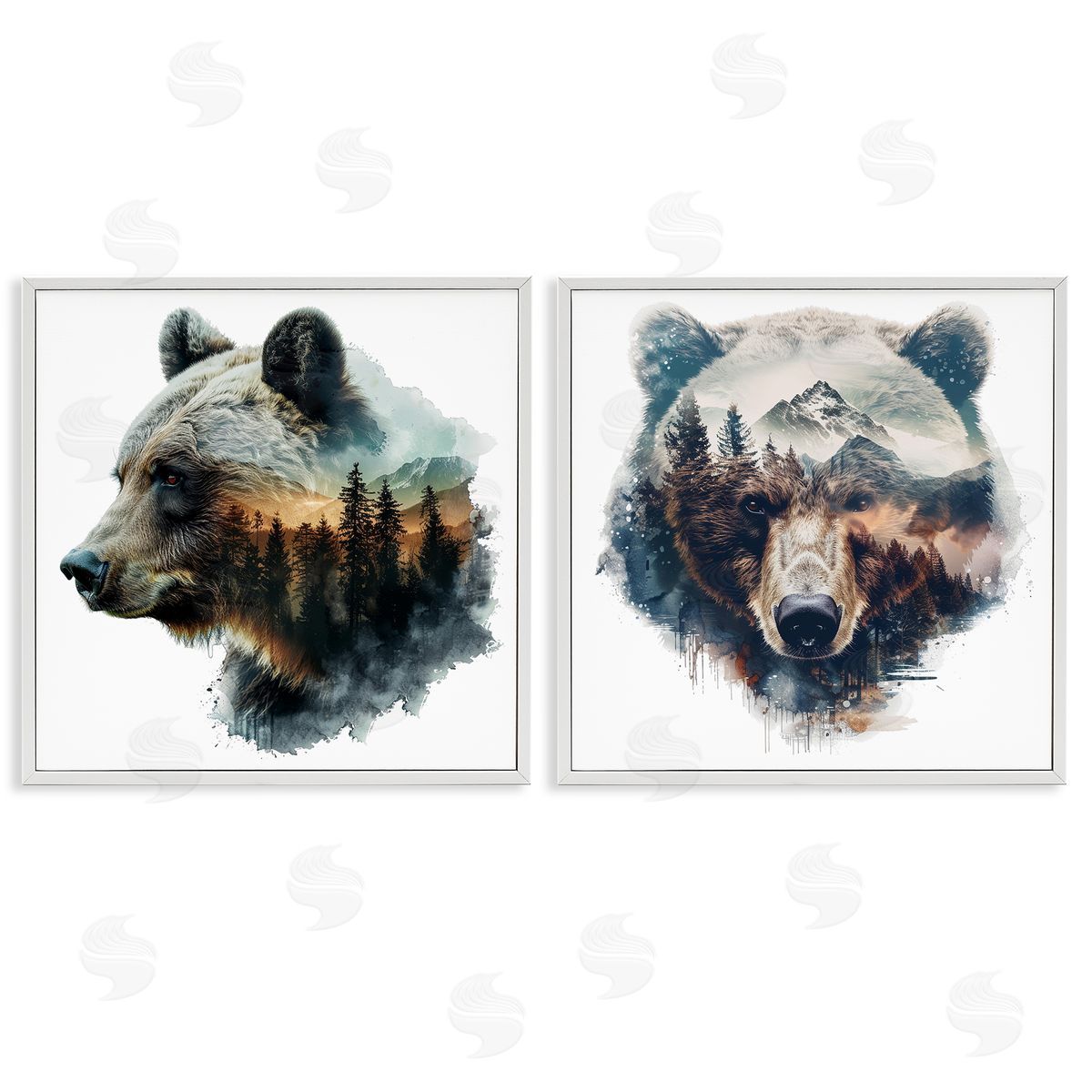 LSR Design Studio Woodland Bear Forest Silhouettes White Framed Giclee Wall Art Print