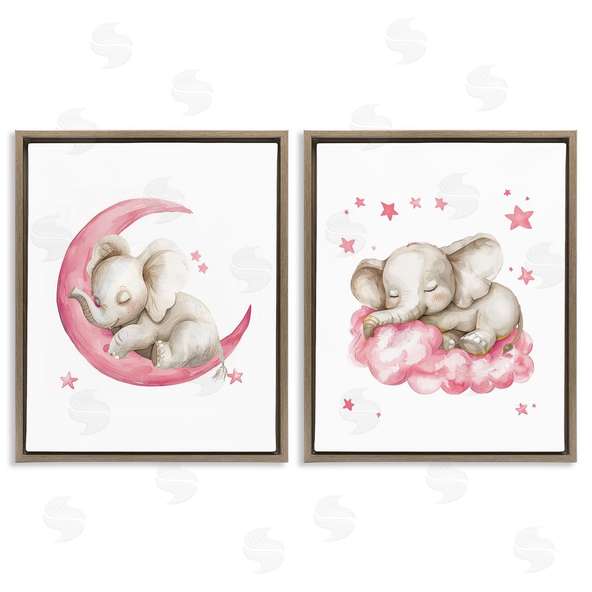 LSR Design Studio Pink Sleepy Elephant Brown Floating Frame Canvas Wall Art Print