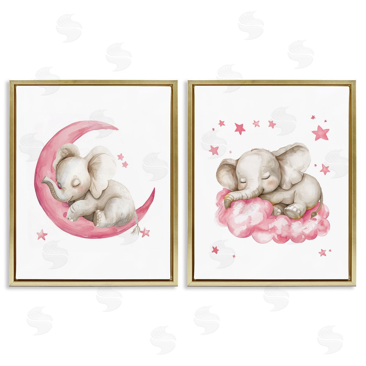 LSR Design Studio Pink Sleepy Elephant Gold Floating Frame Canvas Wall Art Print