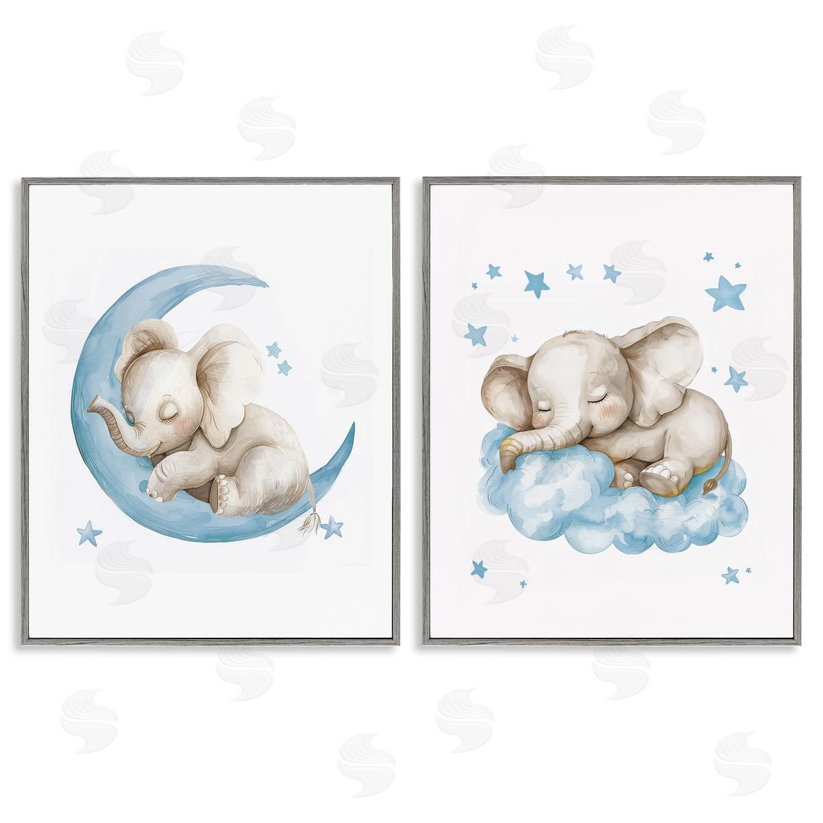 LSR Design Studio Blue Sleepy Elephant Gray Framed Giclee Wall Art Print