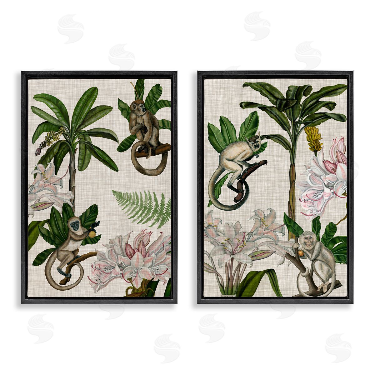 Tropical Trees & Monkeys Black Floating Frame Canvas Wall Art, Home Decor by Naomi McCavitt
