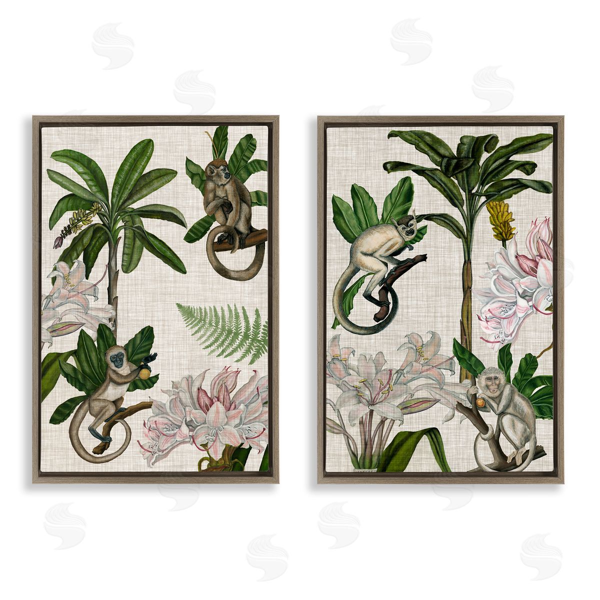 Tropical Trees & Monkeys Brown Floating Frame Canvas Wall Art, Home Decor by Naomi McCavitt