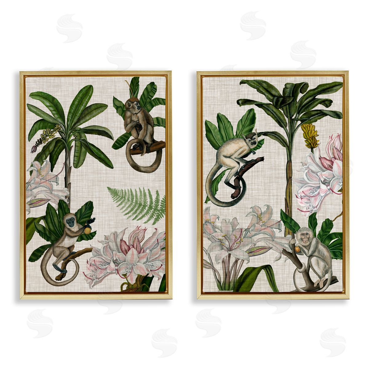 Tropical Trees & Monkeys Gold Floating Frame Canvas Wall Art, Home Decor by Naomi McCavitt