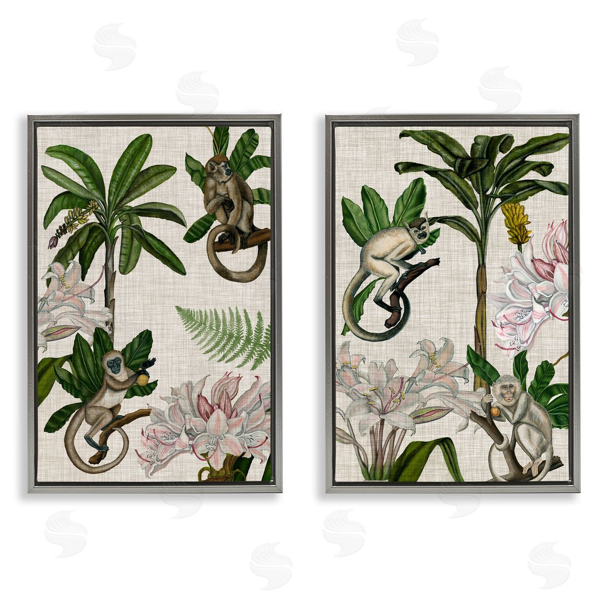 Tropical Trees & Monkeys Grey Floating Frame Canvas Wall Art, Home Decor by Naomi McCavitt