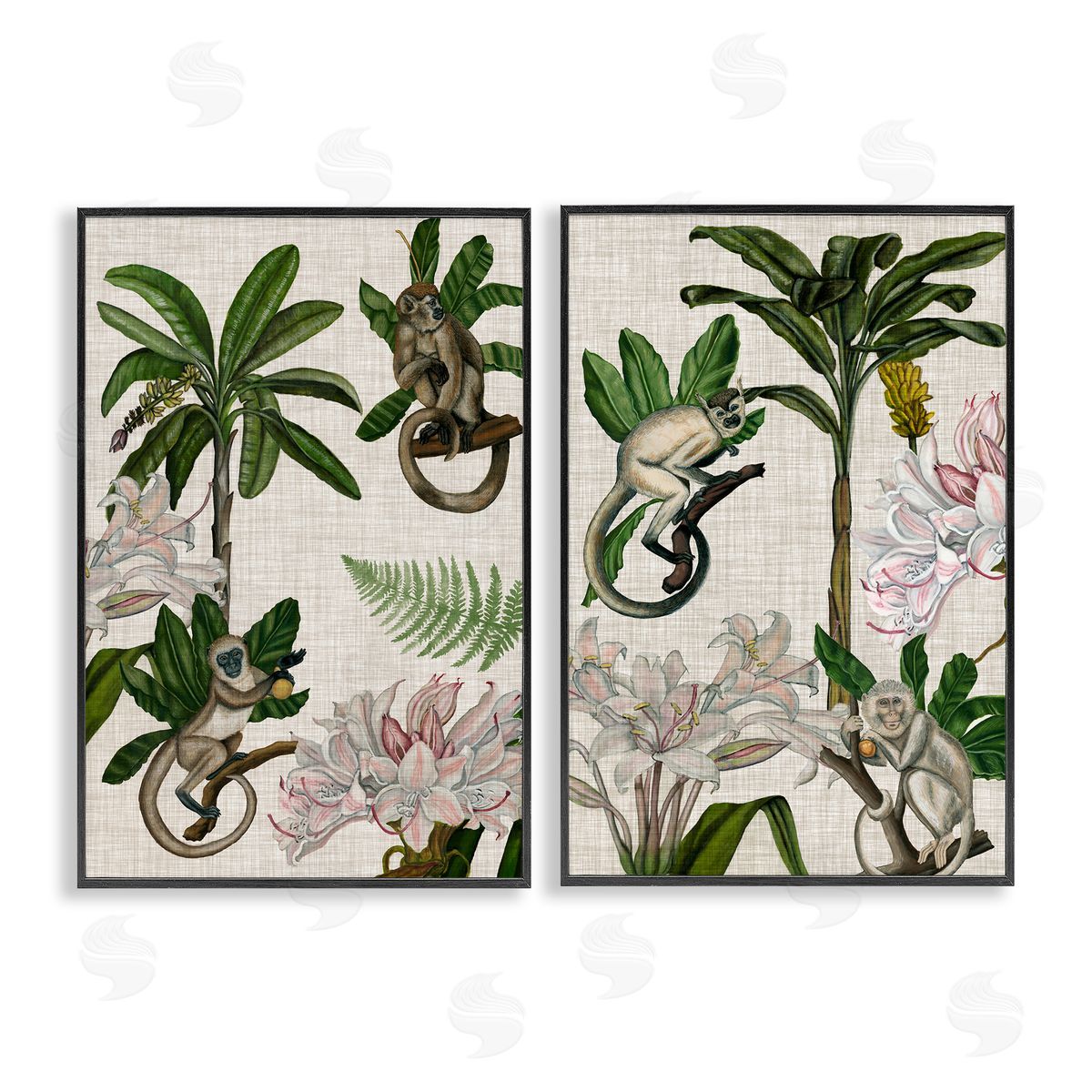 Tropical Trees & Monkeys Black Frame Print Wall Art, Home Decor by Naomi McCavitt