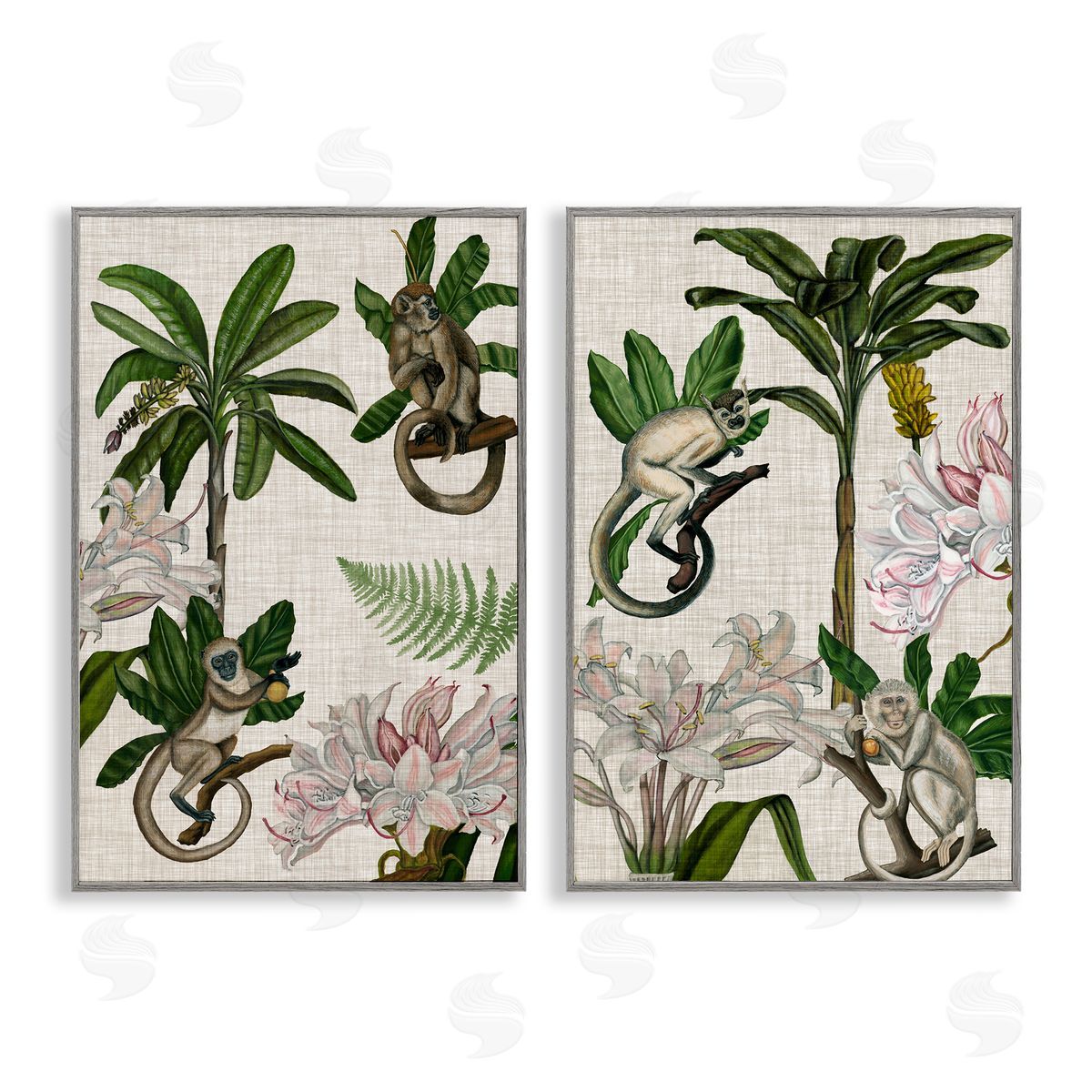 Tropical Trees & Monkeys Grey Frame Print Wall Art, Home Decor by Naomi McCavitt