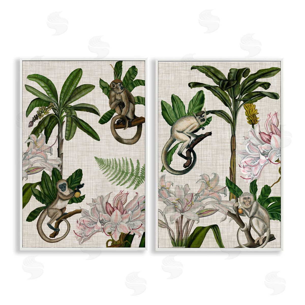 Tropical Trees & Monkeys White Frame Print Wall Art, Home Decor by Naomi McCavitt
