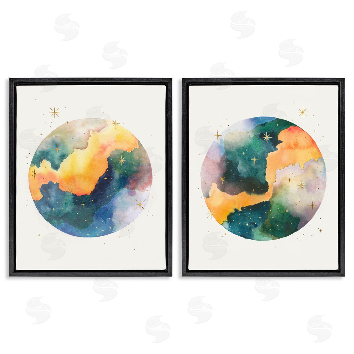Outer Space Round Galaxies Black Floating Frame Canvas Wall Art, Home Decor by Grace Popp