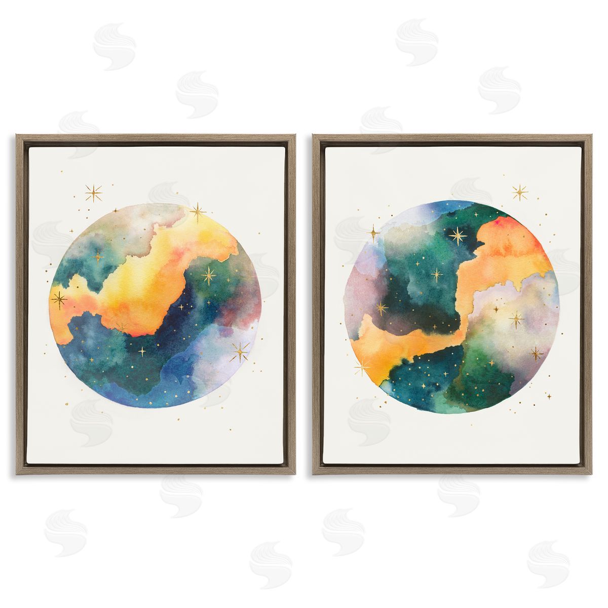 Outer Space Round Galaxies Brown Floating Frame Canvas Wall Art, Home Decor by Grace Popp
