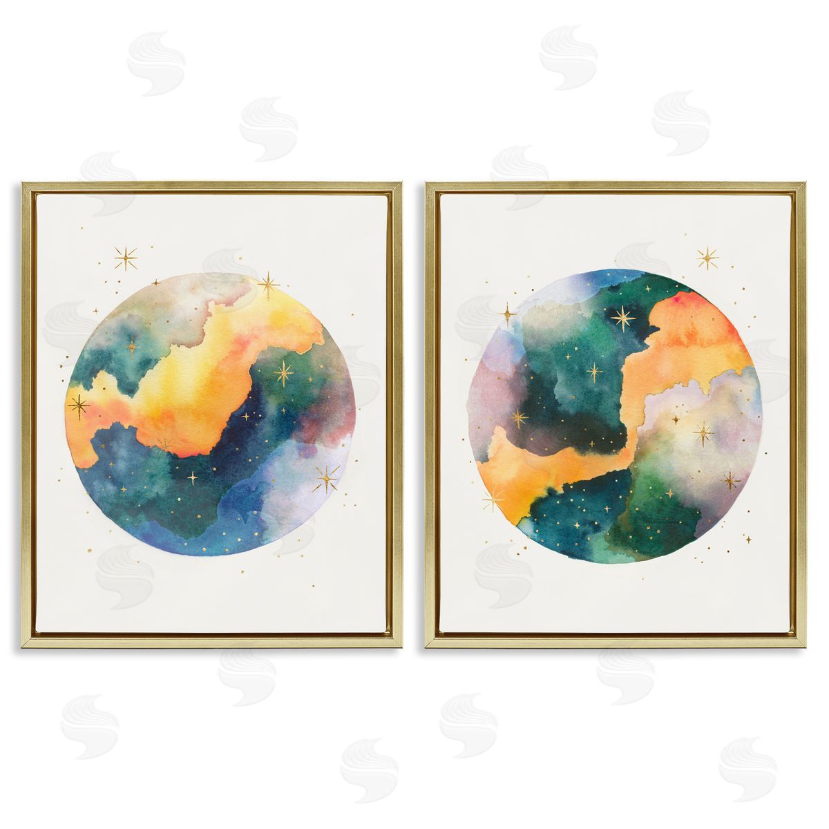 Outer Space Round Galaxies Gold Floating Frame Canvas Wall Art, Home Decor by Grace Popp