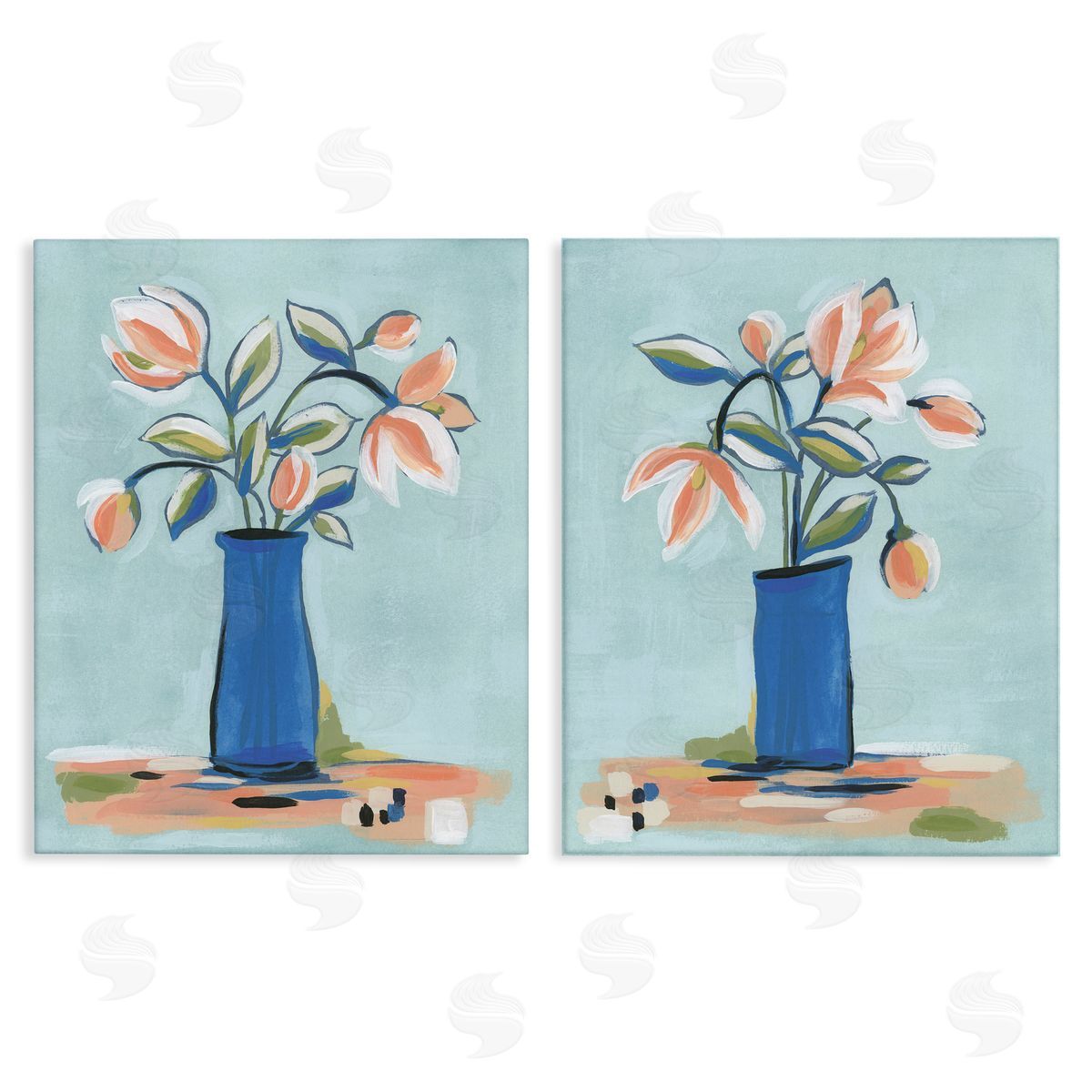 Blue & Peach Flowers Canvas Wall Art, Home Decor by June Erica Vess