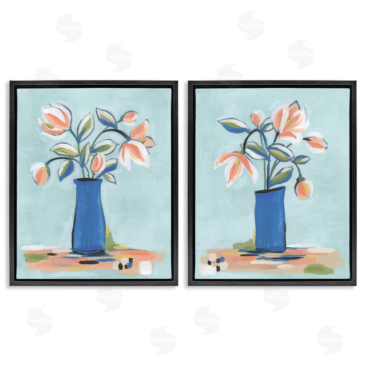 Blue & Peach Flowers Black Floating Frame Canvas Wall Art, Home Decor by June Erica Vess