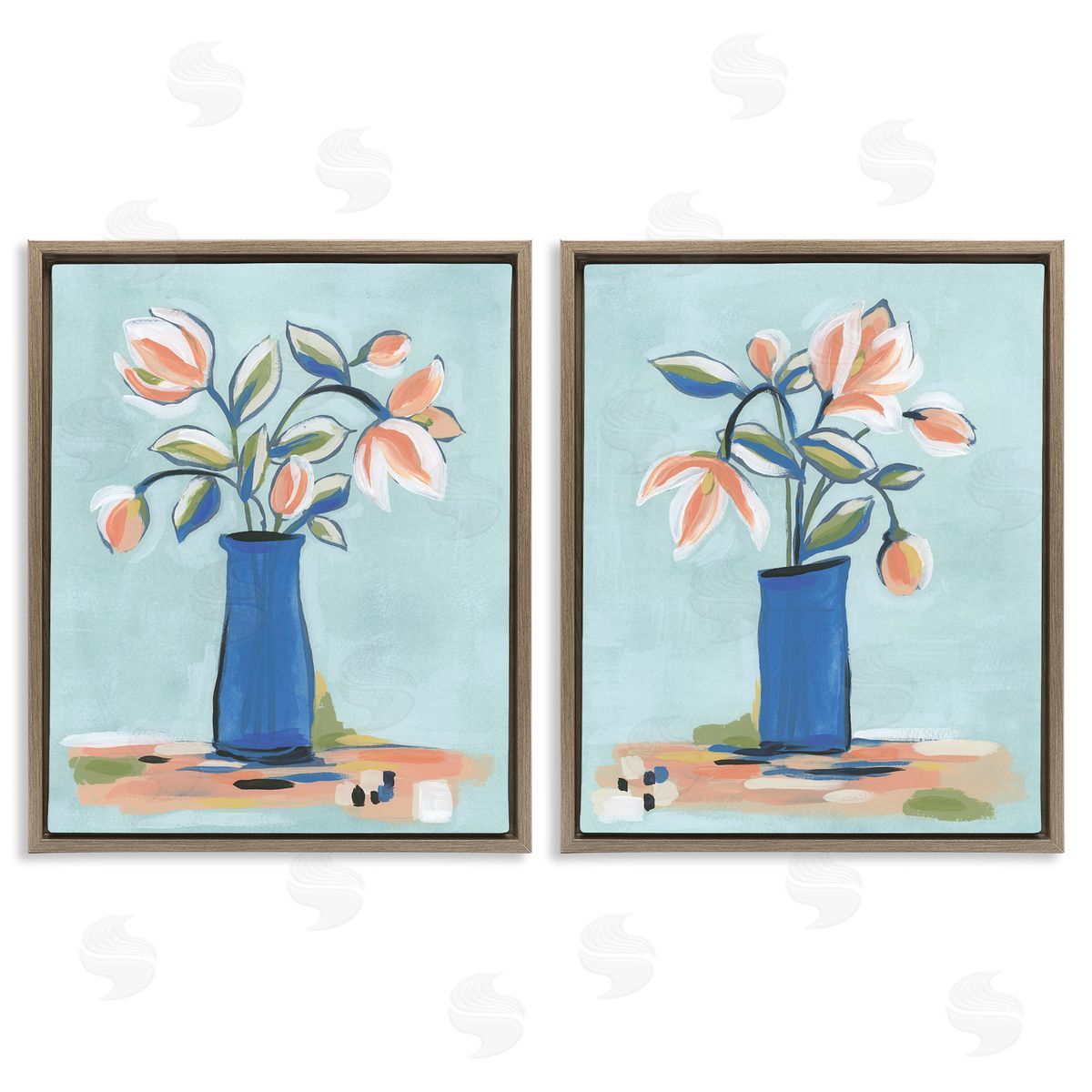 Blue & Peach Flowers Brown Floating Frame Canvas Wall Art, Home Decor by June Erica Vess
