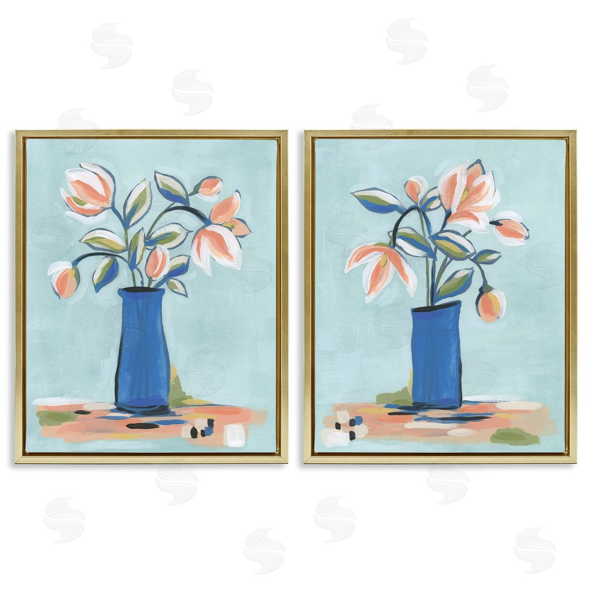 Blue & Peach Flowers Gold Floating Frame Canvas Wall Art, Home Decor by June Erica Vess