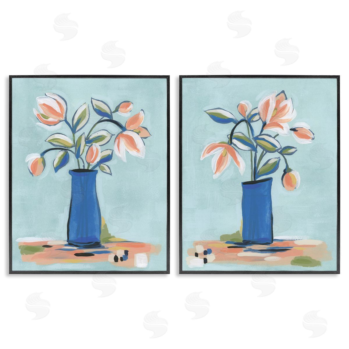 Blue & Peach Flowers Black Frame Print Wall Art, Home Decor by June Erica Vess