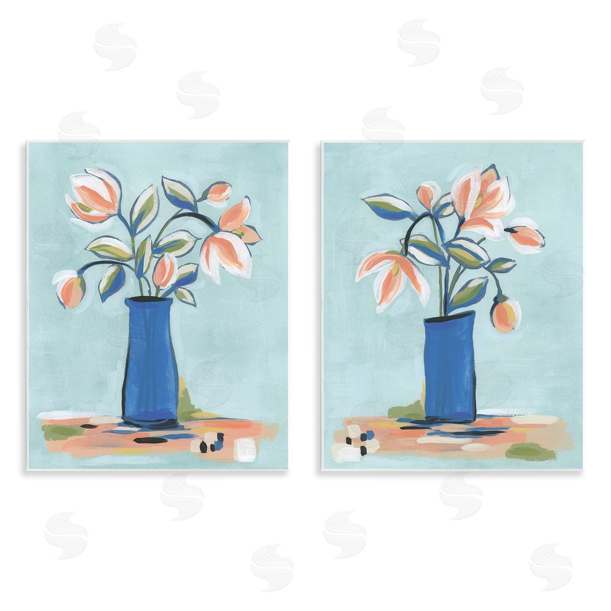 Blue & Peach Flowers Wood Plaque Wall Art, Home Decor by June Erica Vess