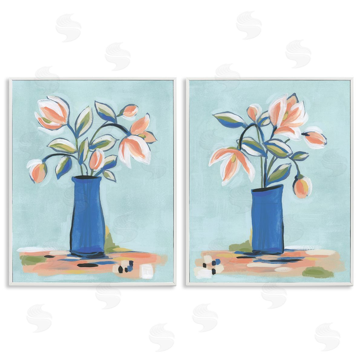 Blue & Peach Flowers White Frame Print Wall Art, Home Decor by June Erica Vess