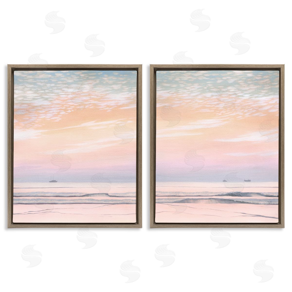 Peachy Coastal Sunrise Brown Floating Frame Canvas Wall Art, Home Decor by Grace Popp