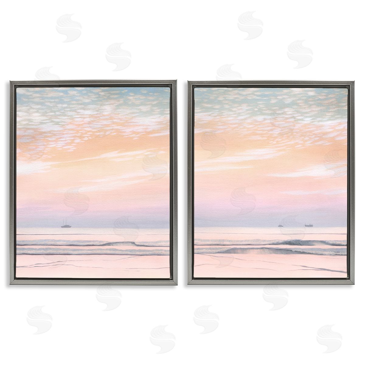 Peachy Coastal Sunrise Grey Floating Frame Canvas Wall Art, Home Decor by Grace Popp