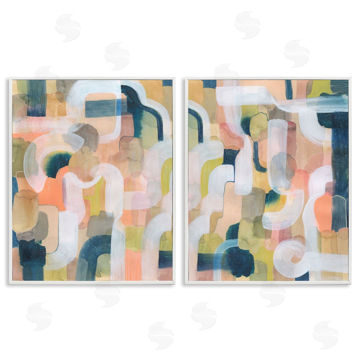 Curved Retro Abstraction White Frame Print Wall Art, Home Decor by Grace Popp
