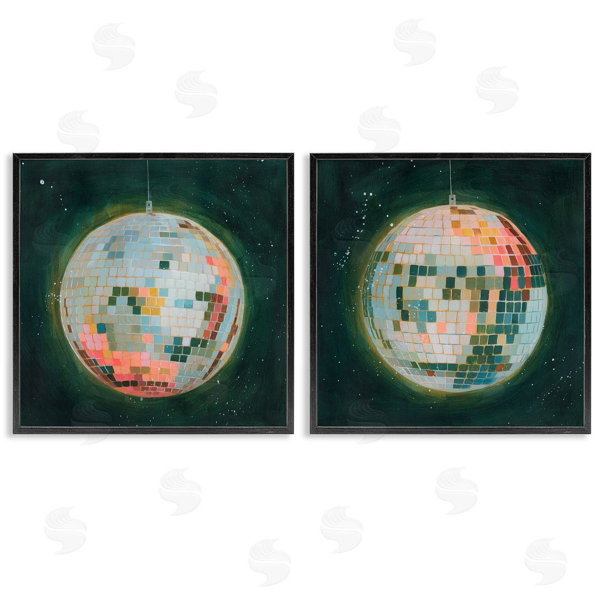 Disco Balls with Vivid Hues Black Frame Print Wall Art, Home Decor by Grace Popp