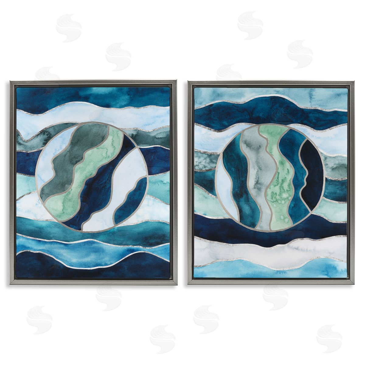 Nautical Stained Glass Style Abstract Grey Floating Frame Canvas Wall Art, Home Decor by Grace Popp