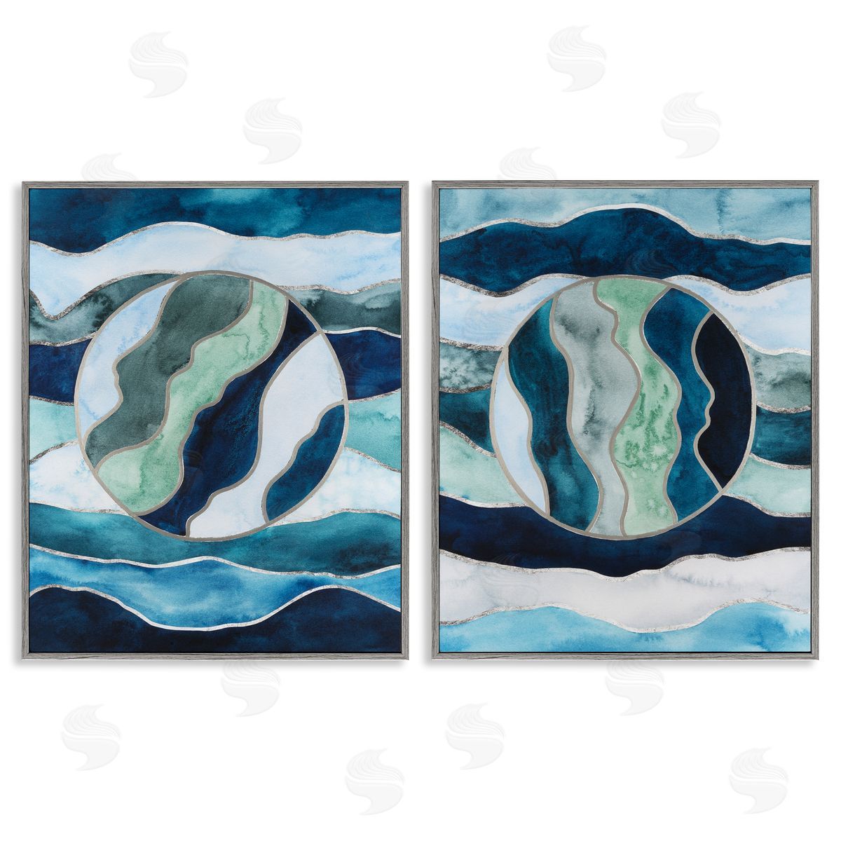 Nautical Stained Glass Style Abstract Grey Frame Print Wall Art, Home Decor by Grace Popp