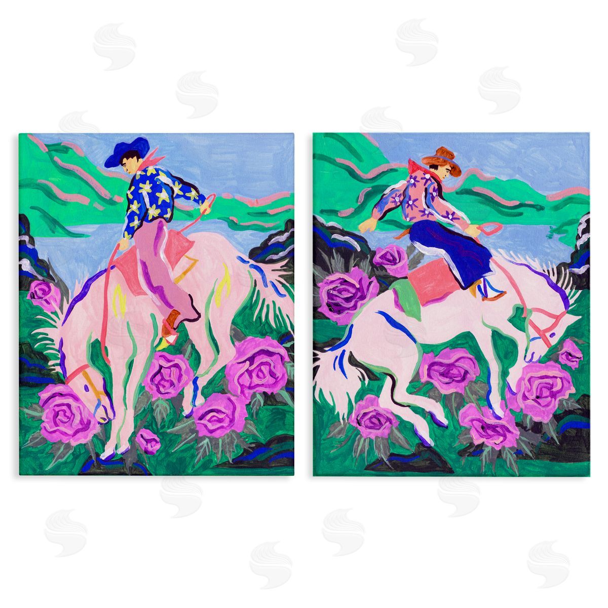 Vivid Rearing Cowboys Canvas Wall Art, Home Decor by Melissa Wang