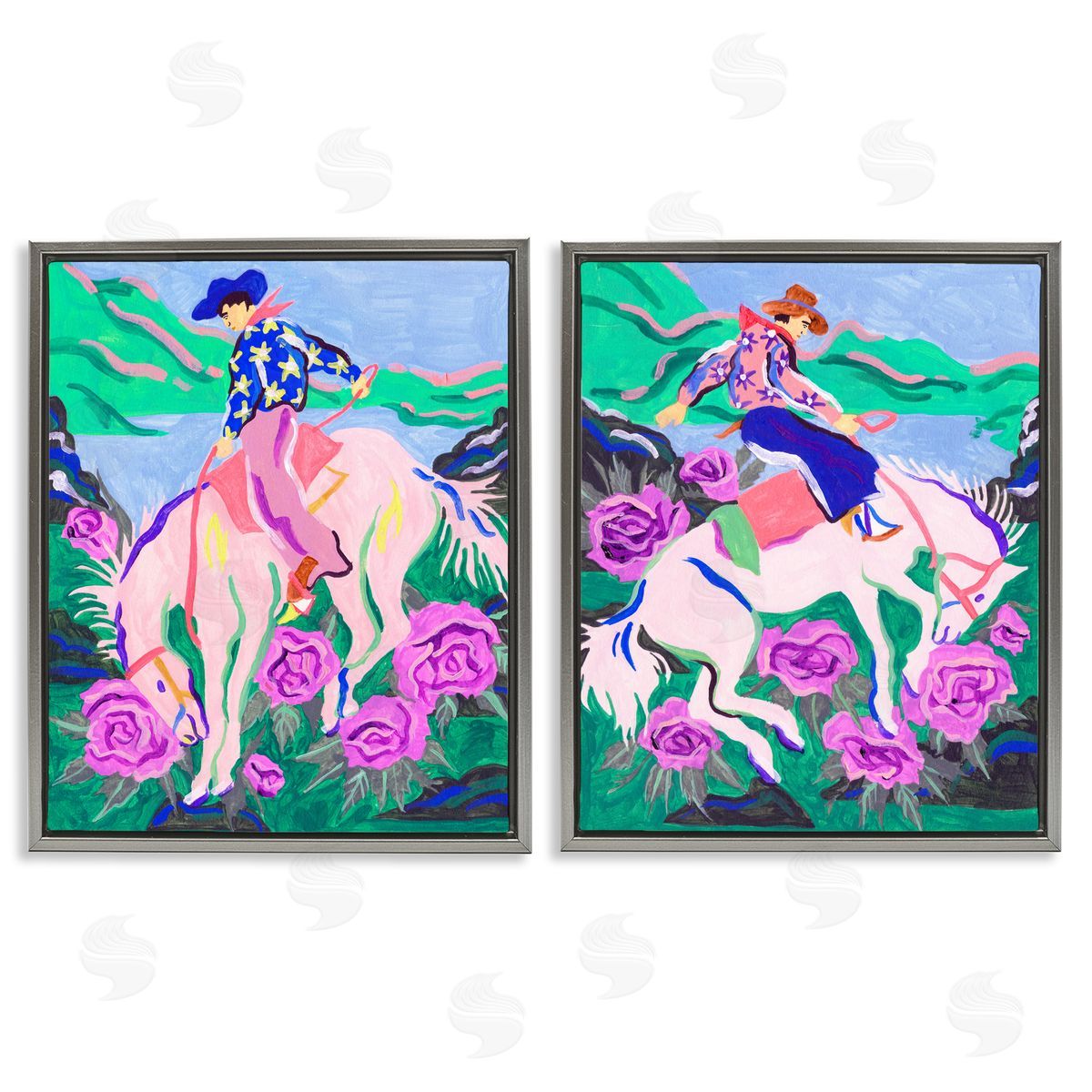 Vivid Rearing Cowboys Grey Floating Frame Canvas Wall Art, Home Decor by Melissa Wang