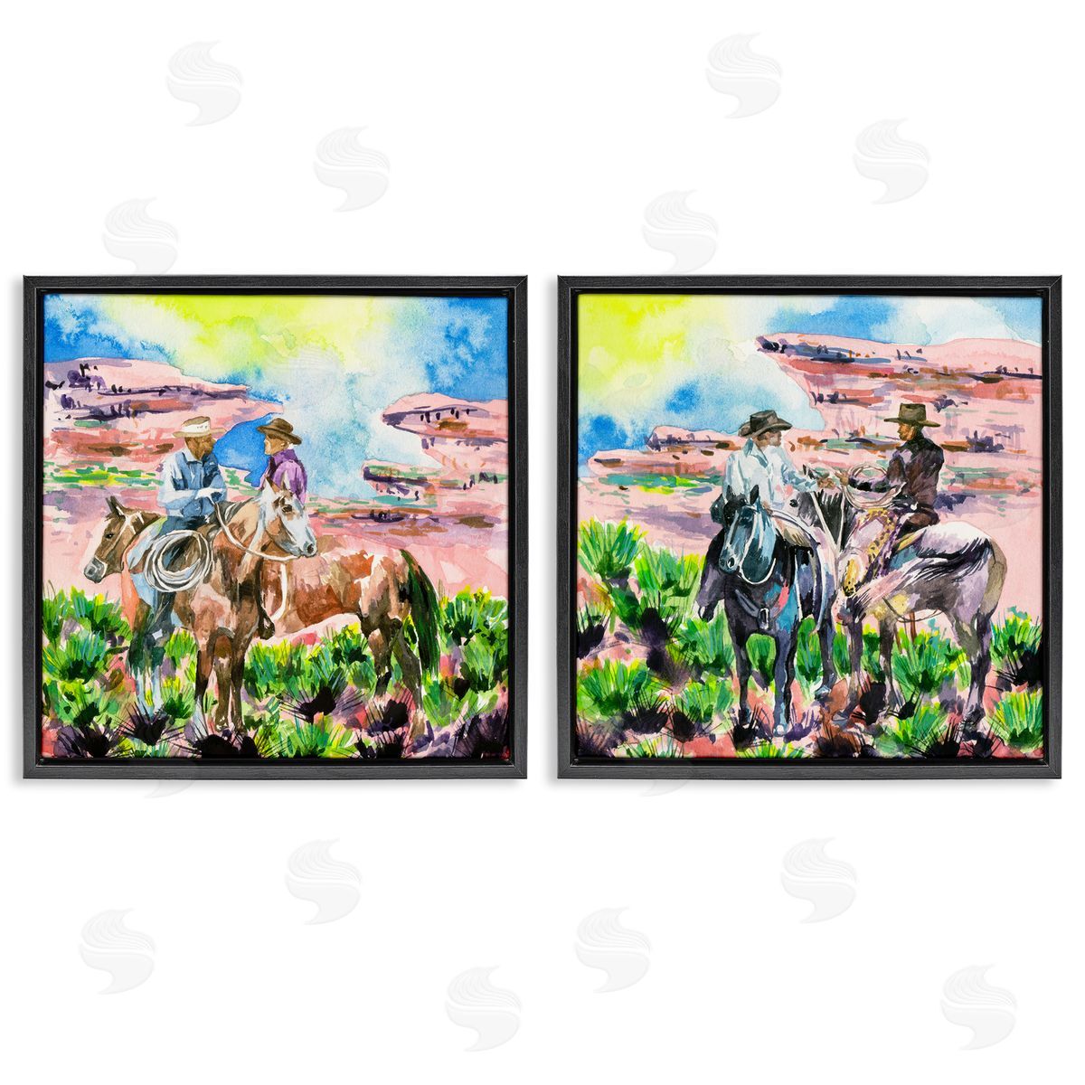Cowboys Under Western Sun Black Floating Frame Canvas Wall Art, Home Decor by Melissa Wang