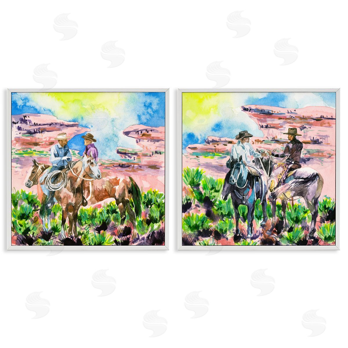 Cowboys Under Western Sun White Frame Print Wall Art, Home Decor by Melissa Wang