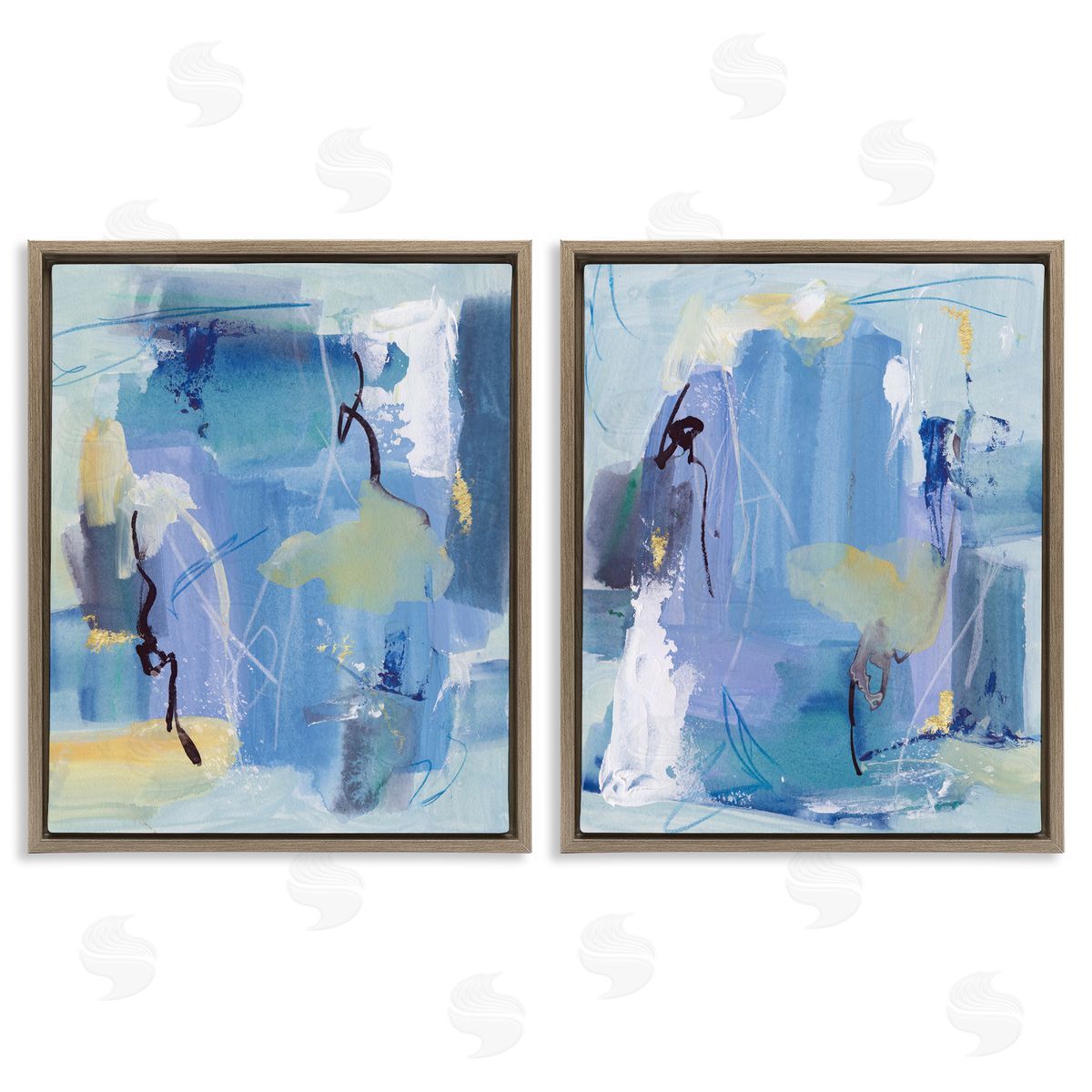 Blue Abstract with Yellow Brown Floating Frame Canvas Wall Art, Home Decor by Melissa Wang