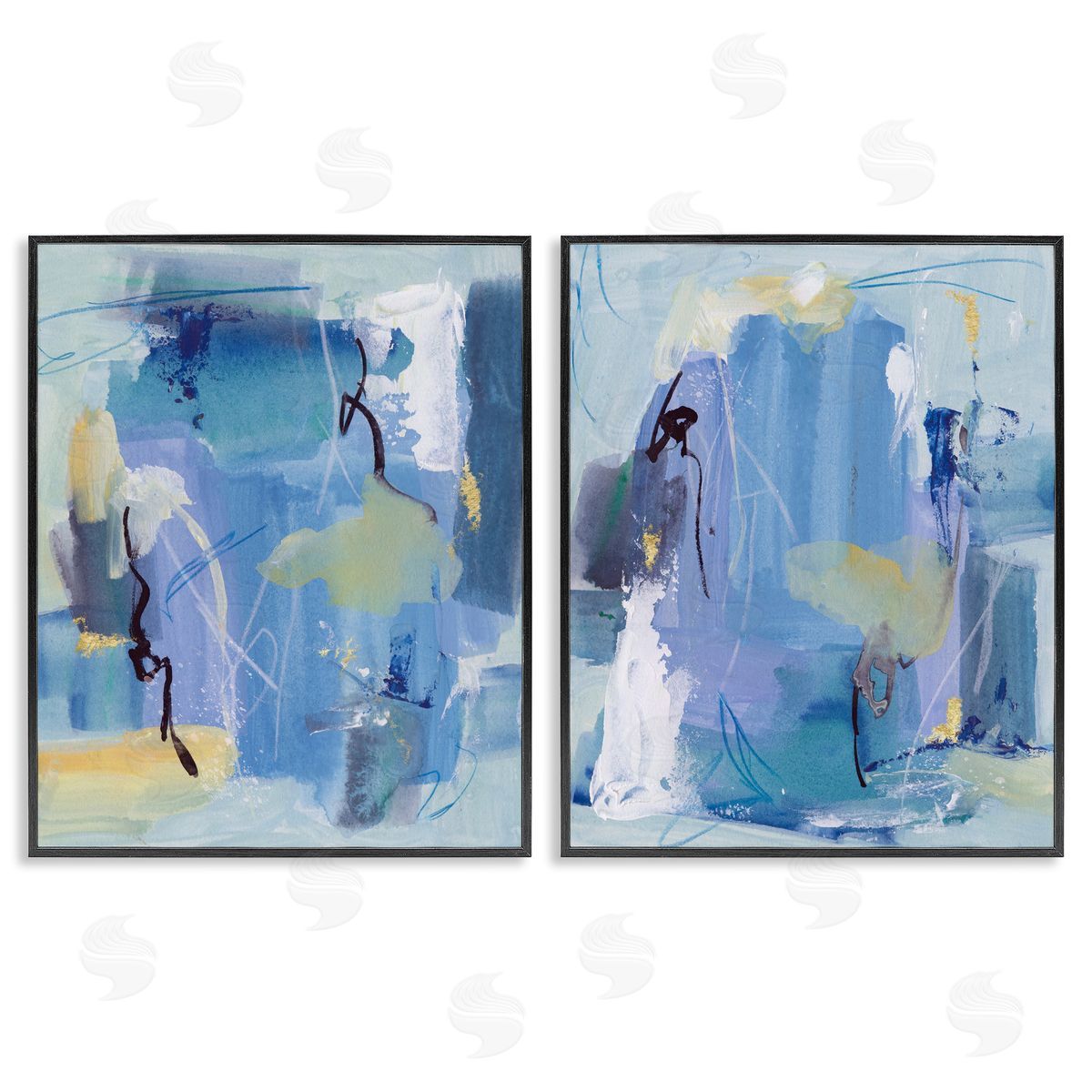 Blue Abstract with Yellow Black Frame Print Wall Art, Home Decor by Melissa Wang