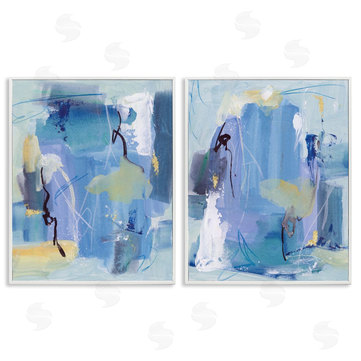 Blue Abstract with Yellow White Frame Print Wall Art, Home Decor by Melissa Wang