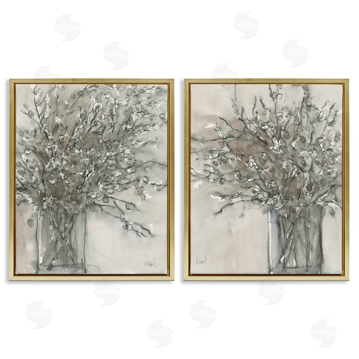 Charcoal Sketched Vase Gold Floating Frame Canvas Wall Art, Home Decor by Samuel Dixon