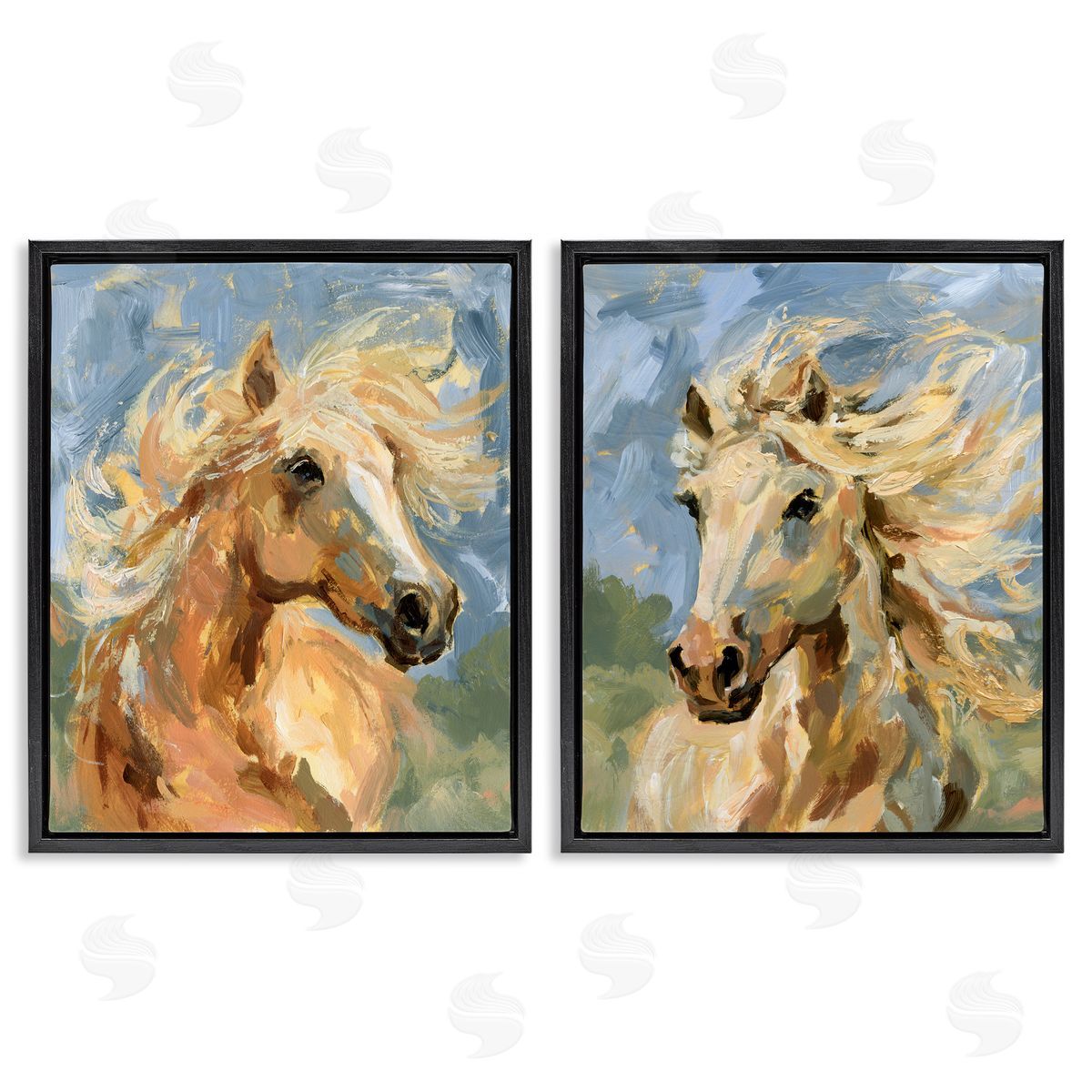 Windblown Manes Horses Black Floating Frame Canvas Wall Art, Home Decor by Victoria Barnes