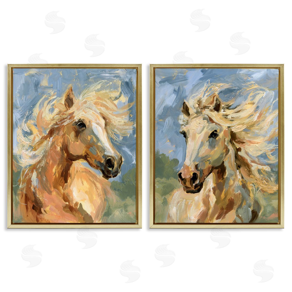 Windblown Manes Horses Gold Floating Frame Canvas Wall Art, Home Decor by Victoria Barnes