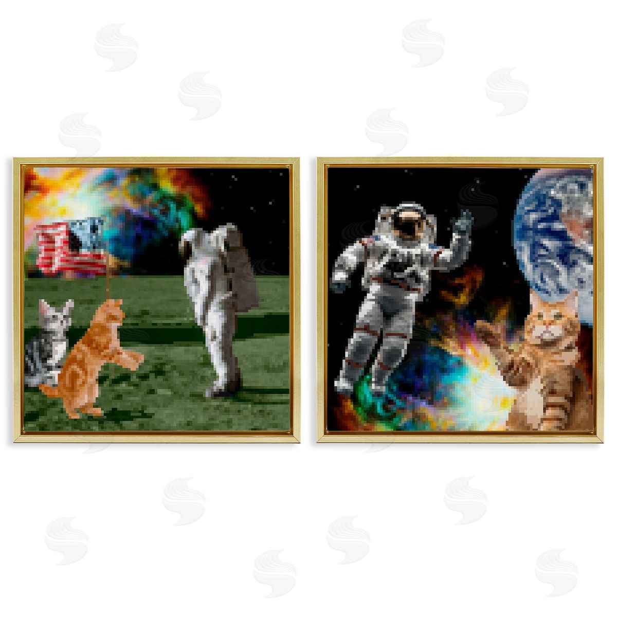 Cats & Astronauts in Space Gold Floating Frame Canvas Wall Art, Home Decor by June Erica Vess
