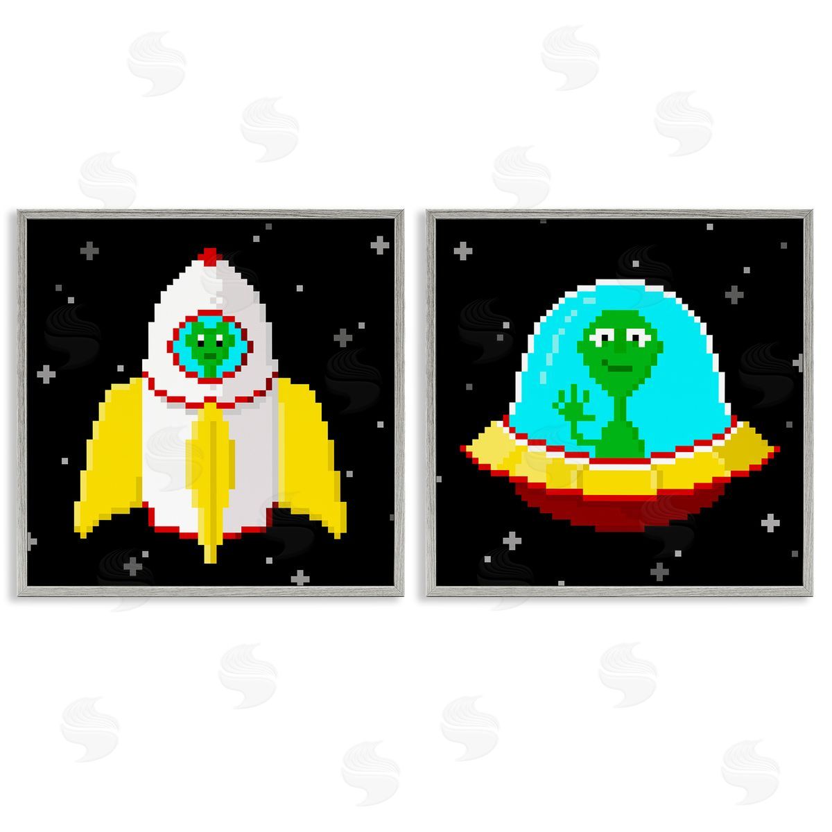 Pixel Alien Spaceships Grey Frame Print Wall Art, Home Decor by June Erica Vess