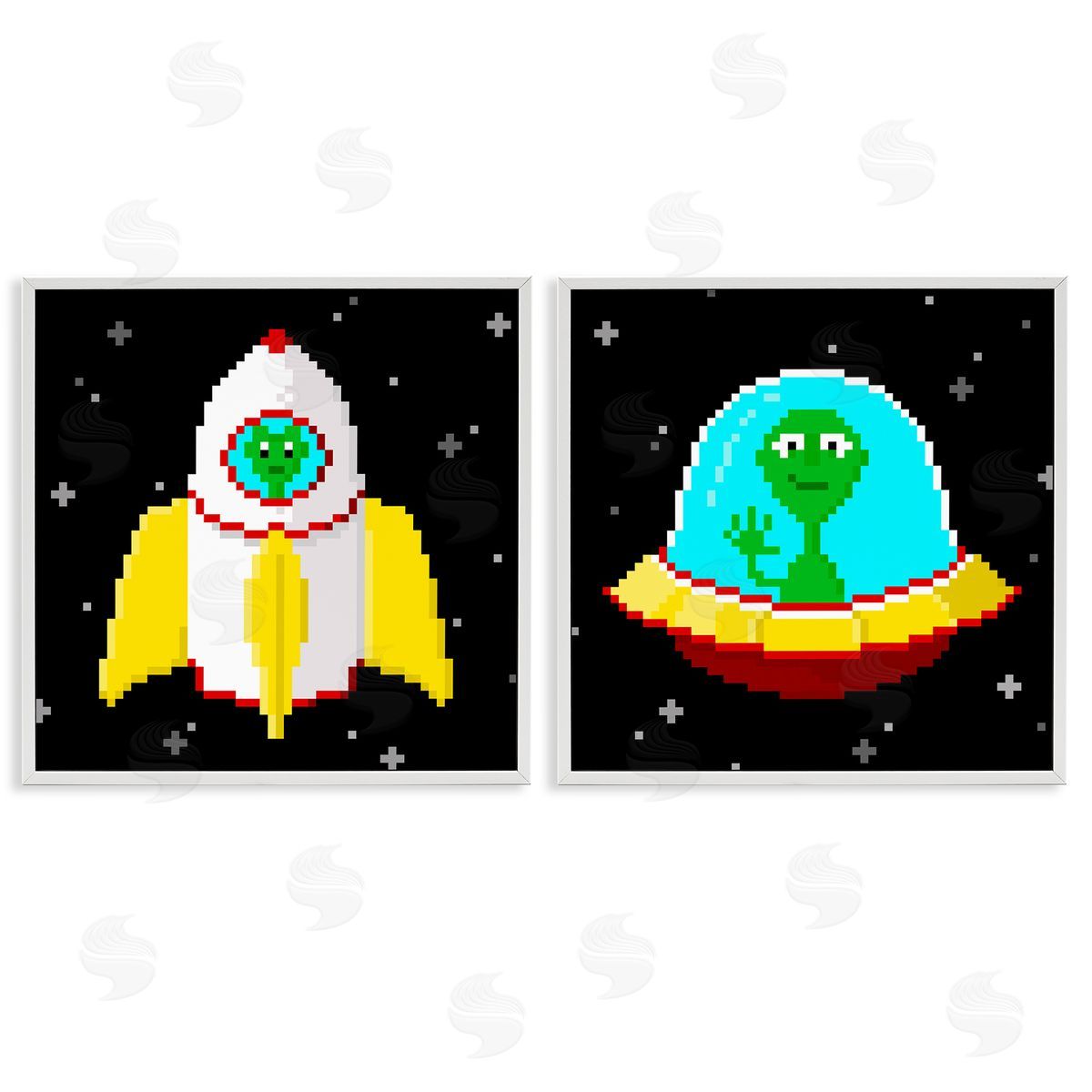 Pixel Alien Spaceships White Frame Print Wall Art, Home Decor by June Erica Vess