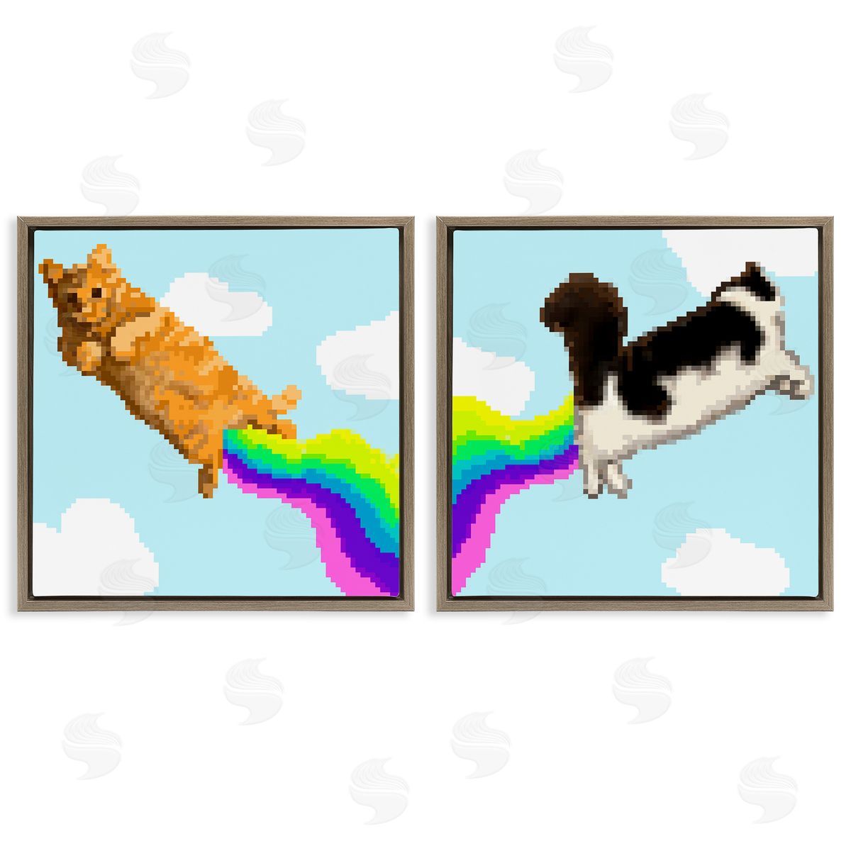 Pixel Cats with Rainbows Brown Floating Frame Canvas Wall Art, Home Decor by June Erica Vess