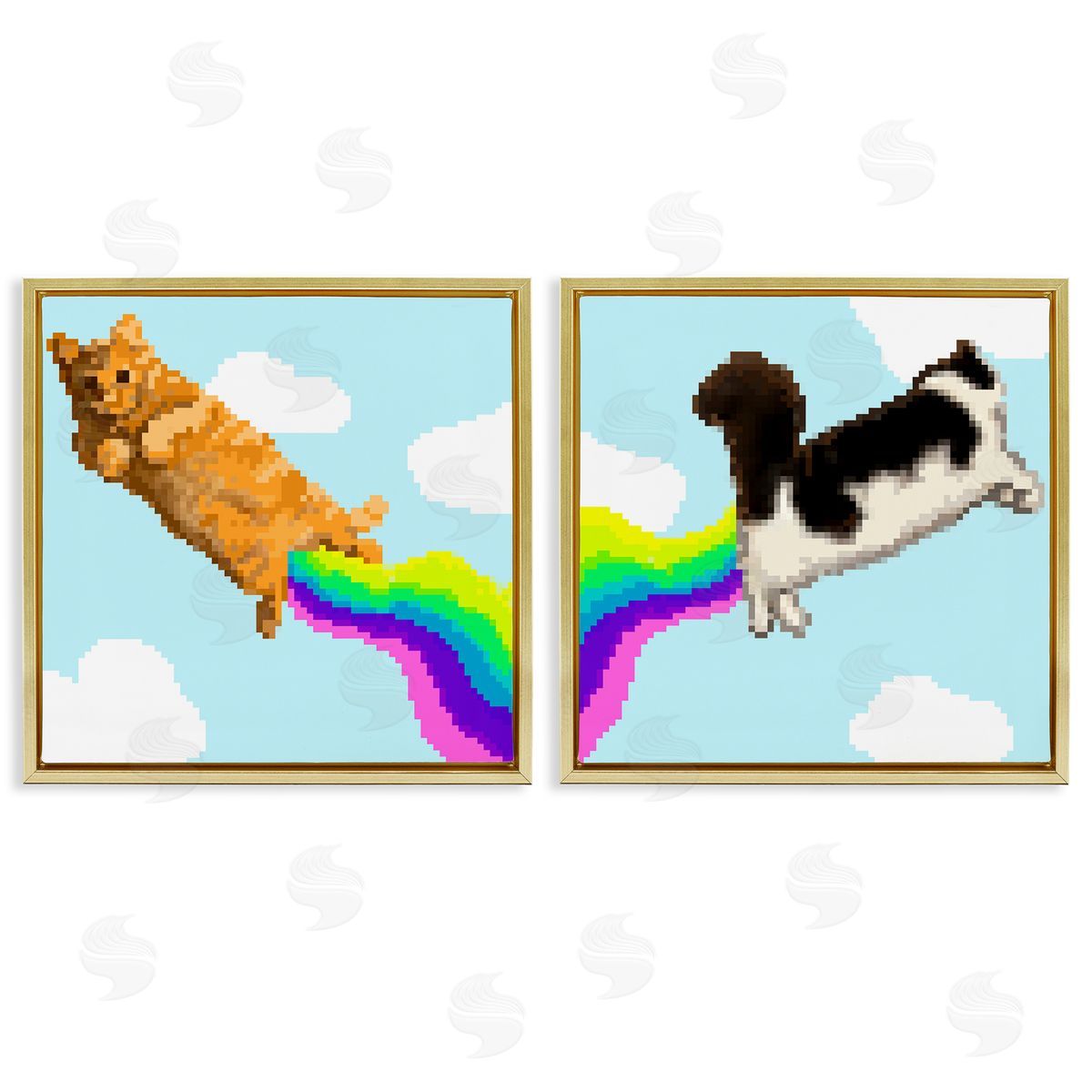 Pixel Cats with Rainbows Gold Floating Frame Canvas Wall Art, Home Decor by June Erica Vess