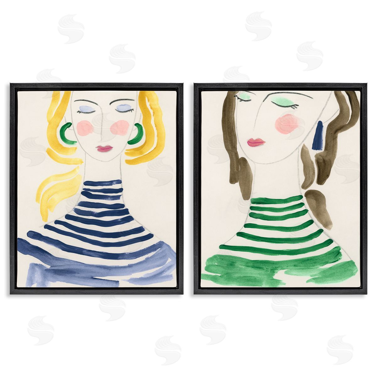 Stylish Ladies in Stripes Black Floating Frame Canvas Wall Art, Home Decor by June Erica Vess