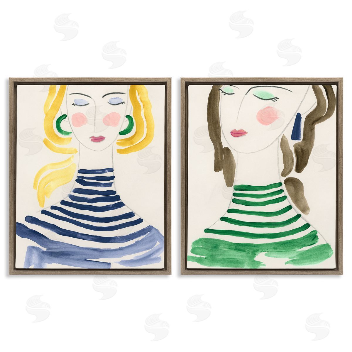 Stylish Ladies in Stripes Brown Floating Frame Canvas Wall Art, Home Decor by June Erica Vess